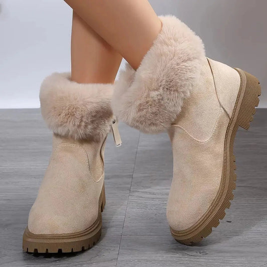 Women's Winter Fashion Plush Side-Zipper Snow Boots with Thickened Low Heel for Outdoor Use