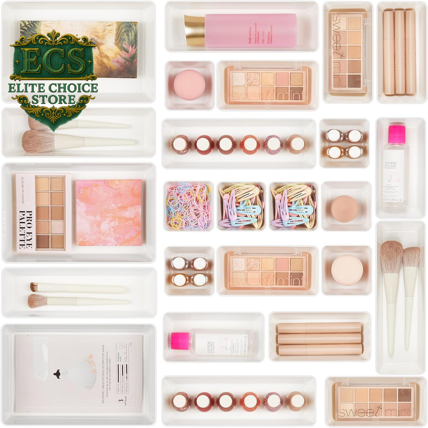 Vtopmart 25 PCS Clear Plastic Drawer Organizers Set, 4-Size Versatile Bathroom and Vanity Drawer Organizer Trays, Storage Bins for Makeup, Bedroom, Kitchen Gadgets Utensils and Office