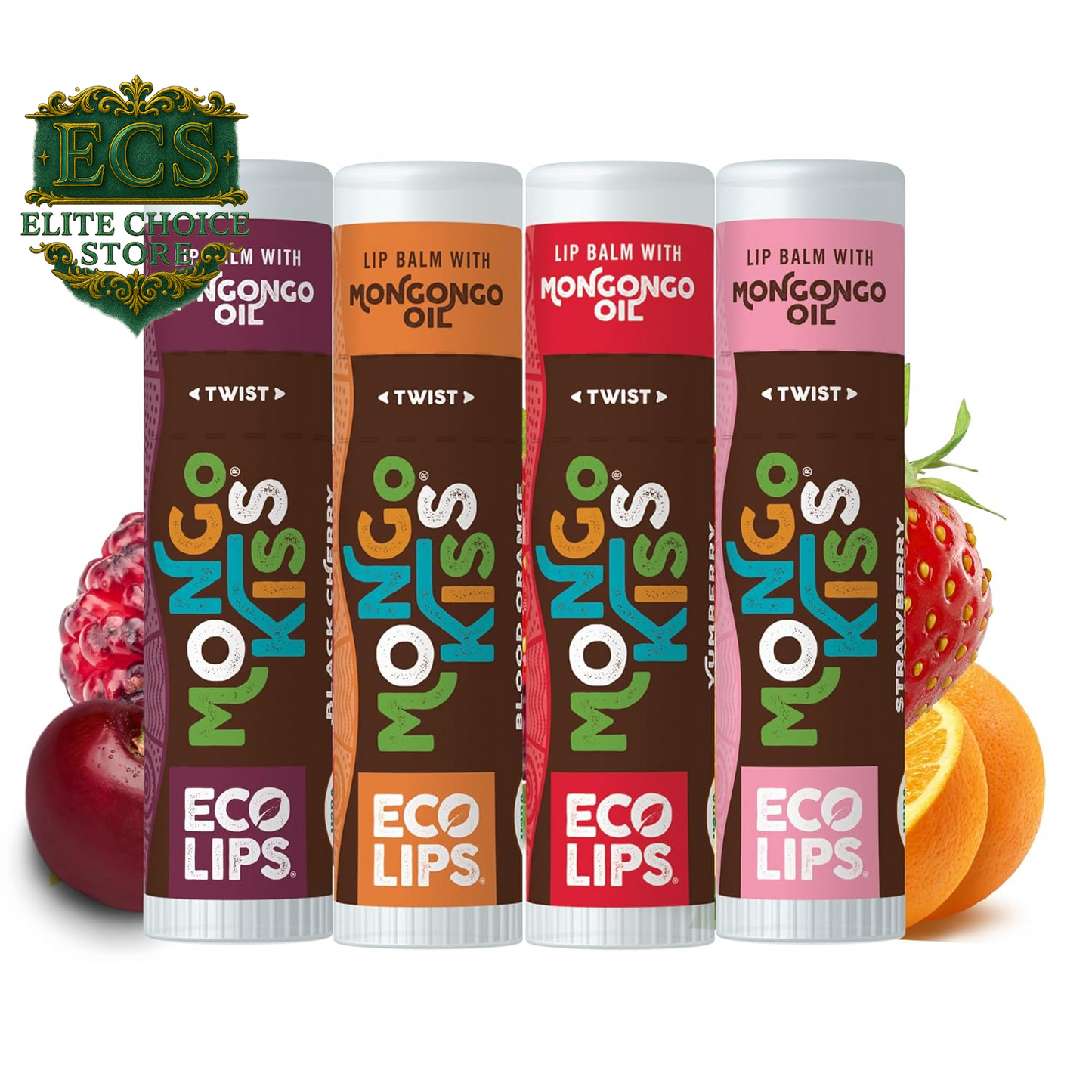 Eco Lips Mongo Kiss Organic Lip Balm 7 Pack - Blood Orange, Black Cherry, Pomegranate, Vanilla Honey, Peppermint, Strawberry Lavender, Yumberry | Mongongo Oil to Soothe & Moisturize Dry, Cracked Lips