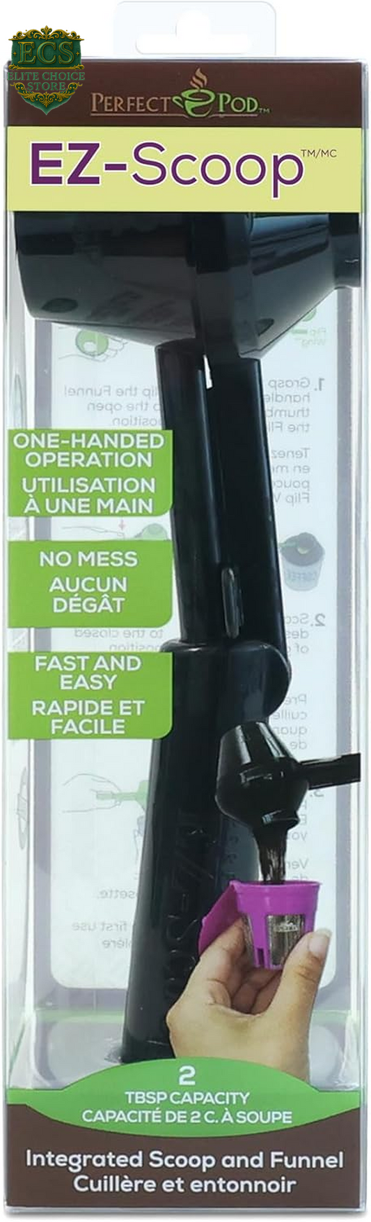 Perfect Pod Ez-Scoop Coffee Scooper & Funnel for Reusable K Cup Refillable Coffee Pods, 2 Tablespoon Capacity Black