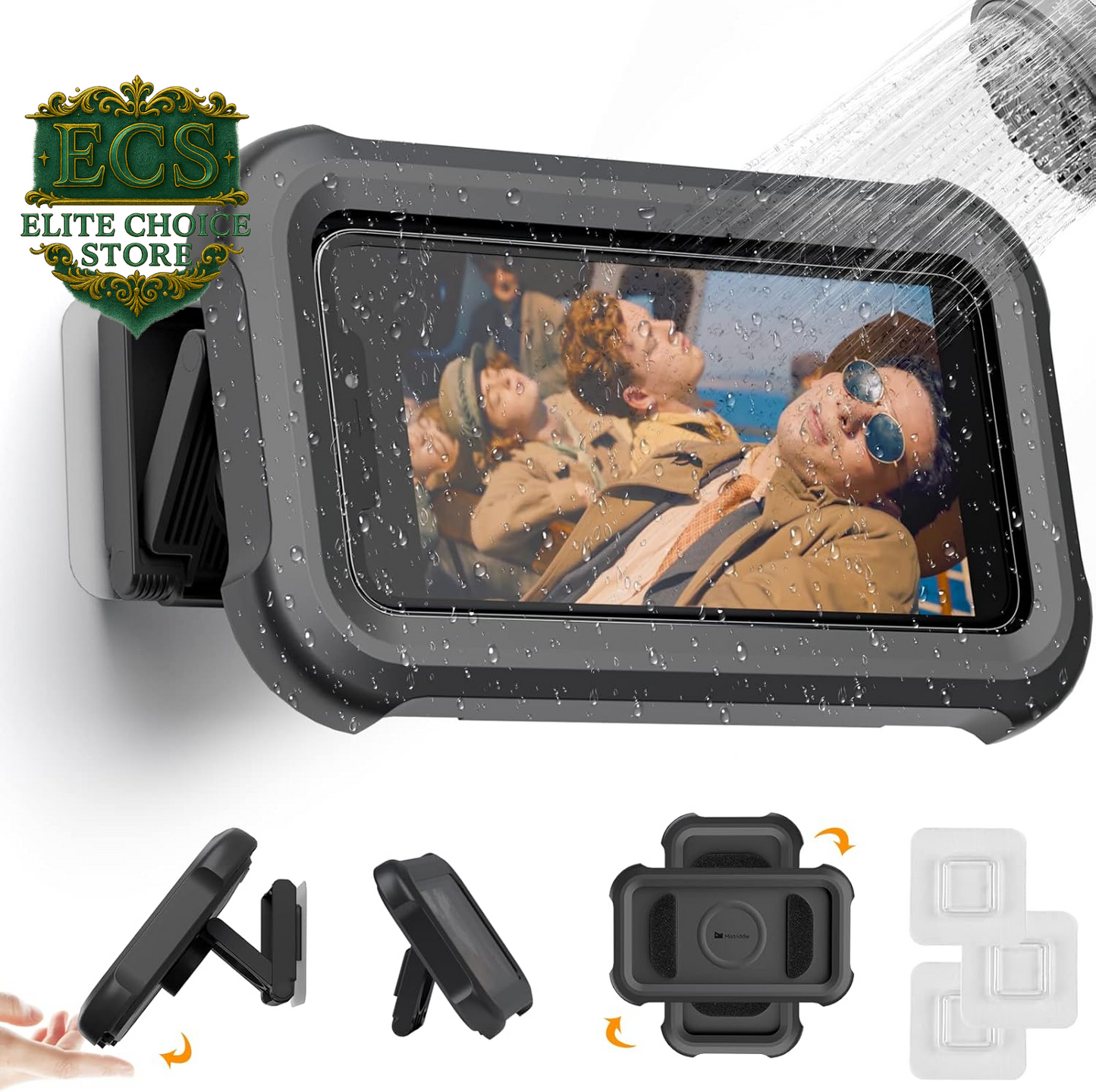 Waterproof Shower Phone Holder with 360° Rotation, Angle Adjustable, Wall Mounted Phone Holder for Bathroom Mirror Bathtub Kitchen, up to 6.8 Inch (Upgraded)