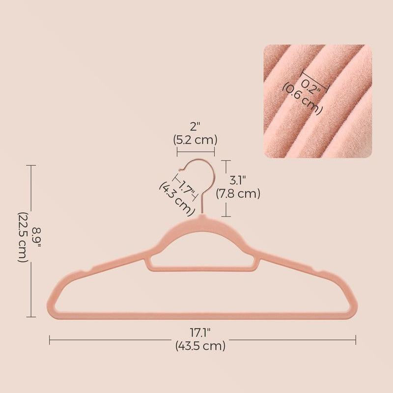 SONGMICS Velvet Hangers, Set of 50 Clothes Hanger with Rose Gold Swivel Hook, Non-Slip, and Space-Saving