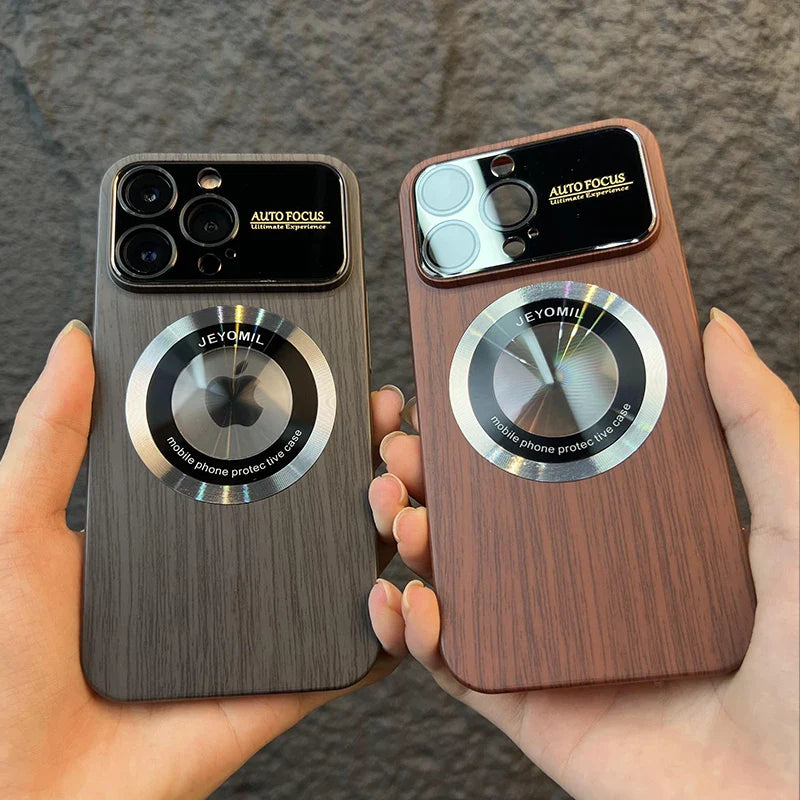 Wood Grain Large Window Magnetic Wireless Charging Case for Iphone 11 12 13 14 Pro Max plus Camera Protection Cover,Brown,For Iphone 12