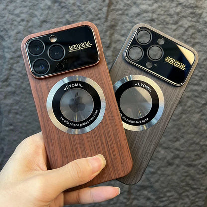 Wood Grain Large Window Magnetic Wireless Charging Case for Iphone 11 12 13 14 Pro Max plus Camera Protection Cover,Brown,For Iphone 12