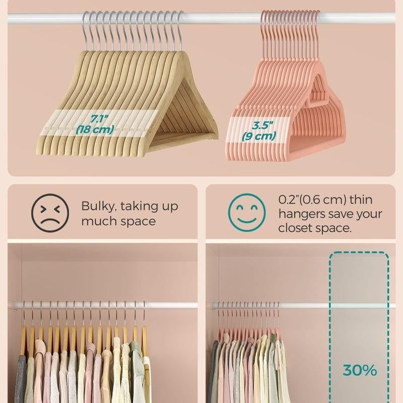 SONGMICS Velvet Hangers, Set of 50 Clothes Hanger with Rose Gold Swivel Hook, Non-Slip, and Space-Saving