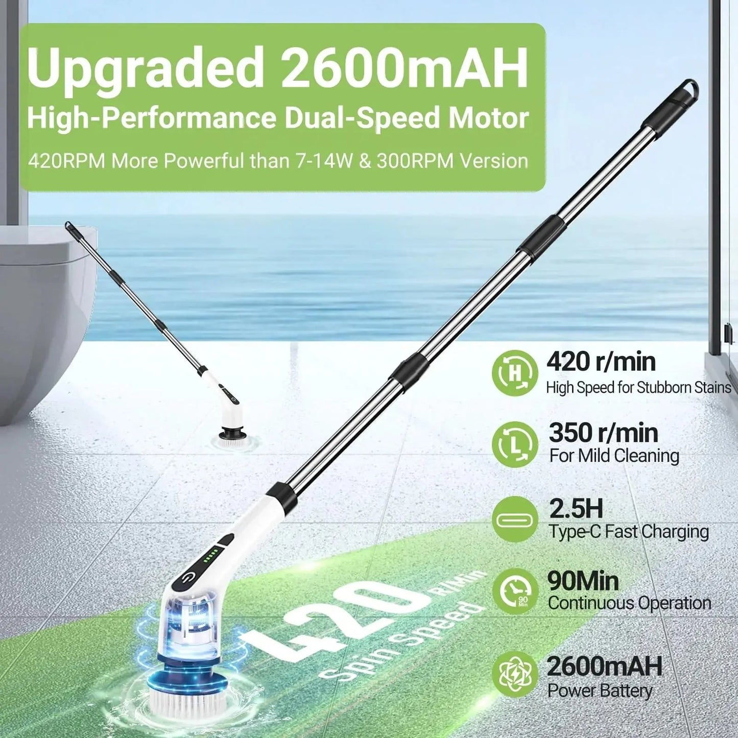 Cordless Electric Spin Scrubber with 8 Interchangeable Brush Heads and Extended Handle for Efficient Cleaning of Floors, Tiles, Bathrooms, and Tubs