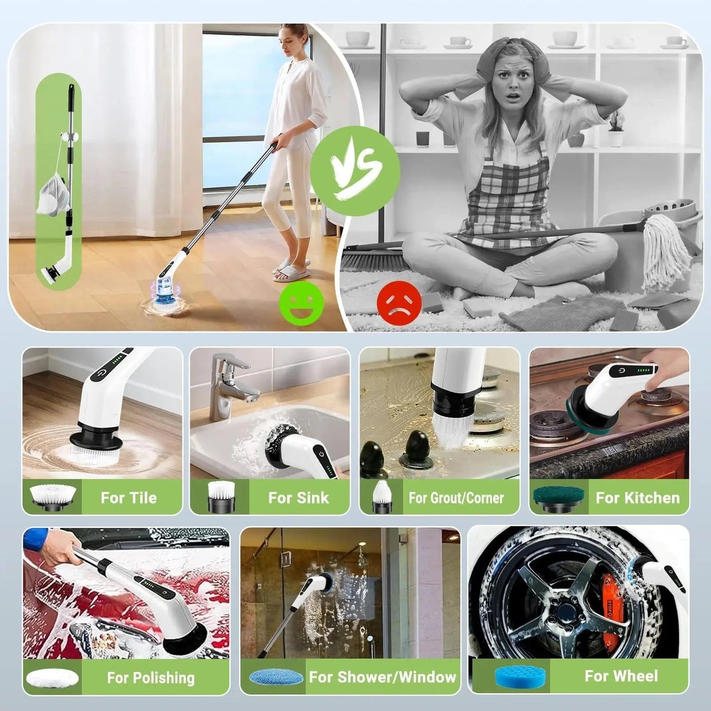 Cordless Electric Spin Scrubber with 8 Interchangeable Brush Heads and Extended Handle for Efficient Cleaning of Floors, Tiles, Bathrooms, and Tubs