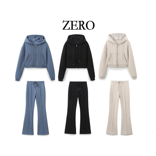 Zero Homemade European And American Style Versatile New Women's Double-Sided Cloth Short Sweatshirt With Stitching Decoration Double-Sided Cloth Bell-Bottom Pants