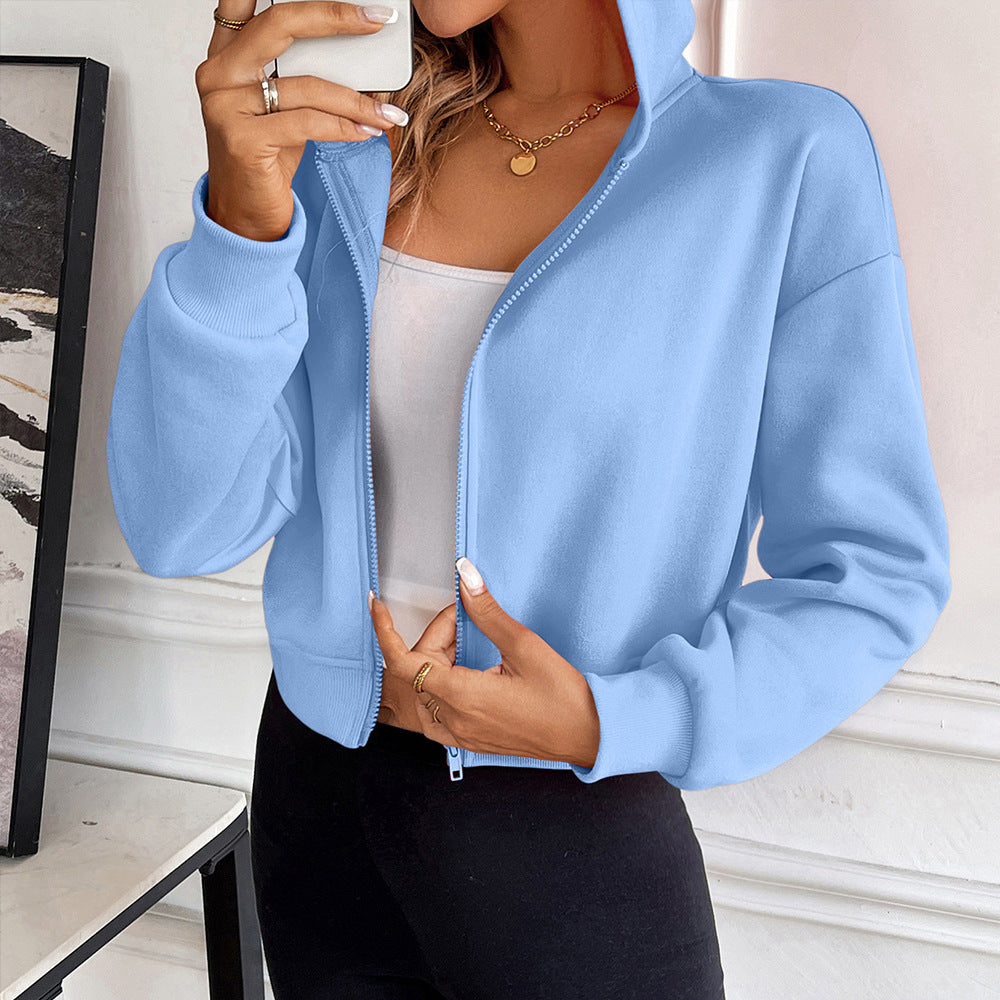 Amazon Cross-border Women's European And American Short Zipper Hooded Casual Women's Sweater Cardigan Hooded Sweater