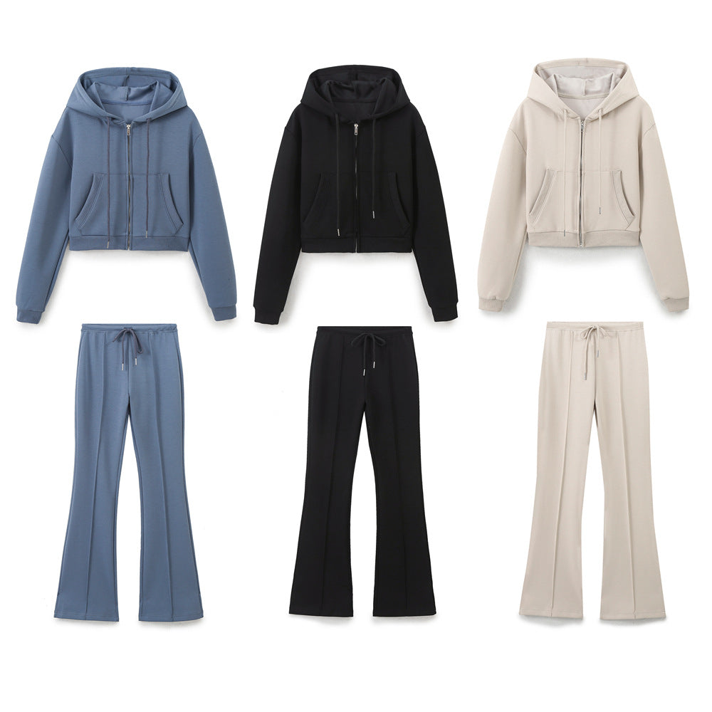 Zero Homemade European And American Style Versatile New Women's Double-Sided Cloth Short Sweatshirt With Stitching Decoration Double-Sided Cloth Bell-Bottom Pants
