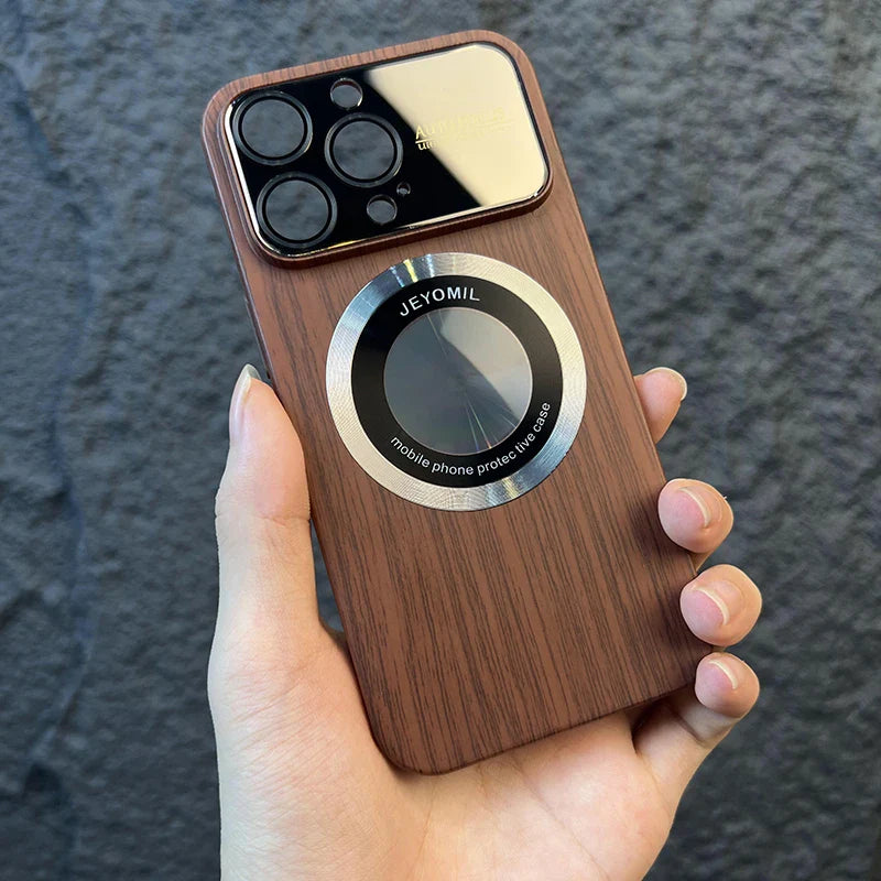 Wood Grain Large Window Magnetic Wireless Charging Case for Iphone 11 12 13 14 Pro Max plus Camera Protection Cover,Brown,For Iphone 12