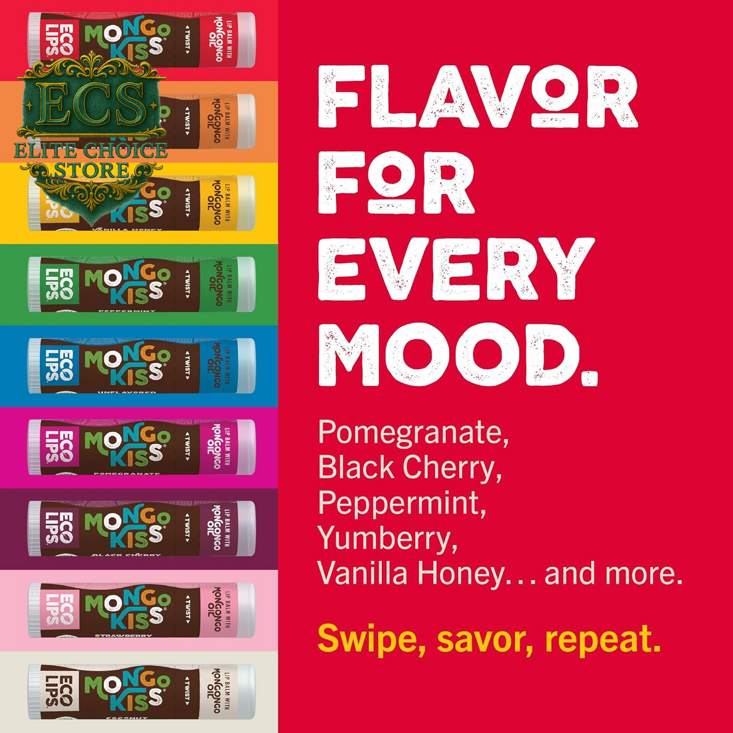 Eco Lips Mongo Kiss Organic Lip Balm 7 Pack - Blood Orange, Black Cherry, Pomegranate, Vanilla Honey, Peppermint, Strawberry Lavender, Yumberry | Mongongo Oil to Soothe & Moisturize Dry, Cracked Lips