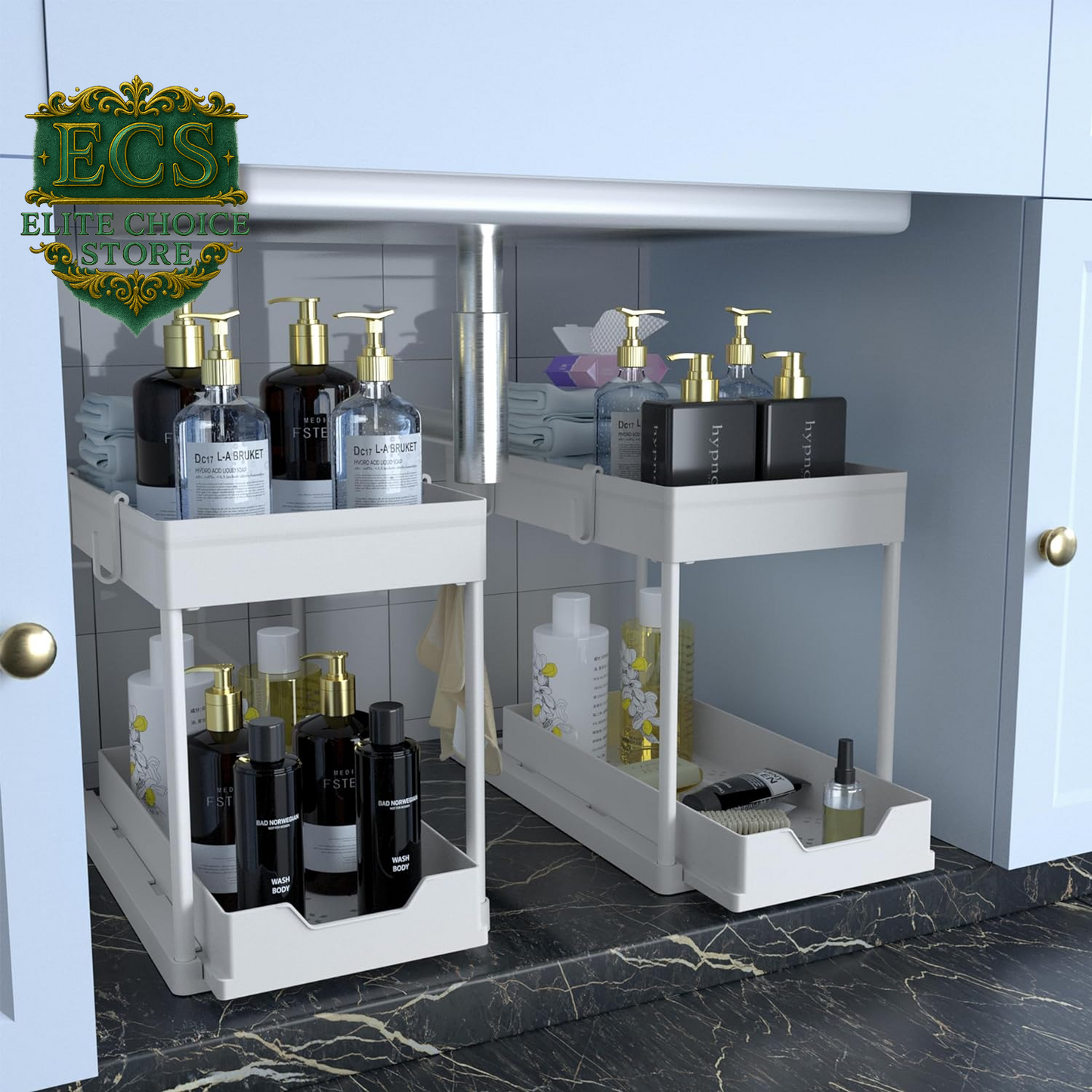 DEKAVA under Sink Storage 2 Pack, 2 Tier Sliding Organiser, Multi-Purpose Shelf Organiser, Pull Out Cabinet Basket Drawer (Black)