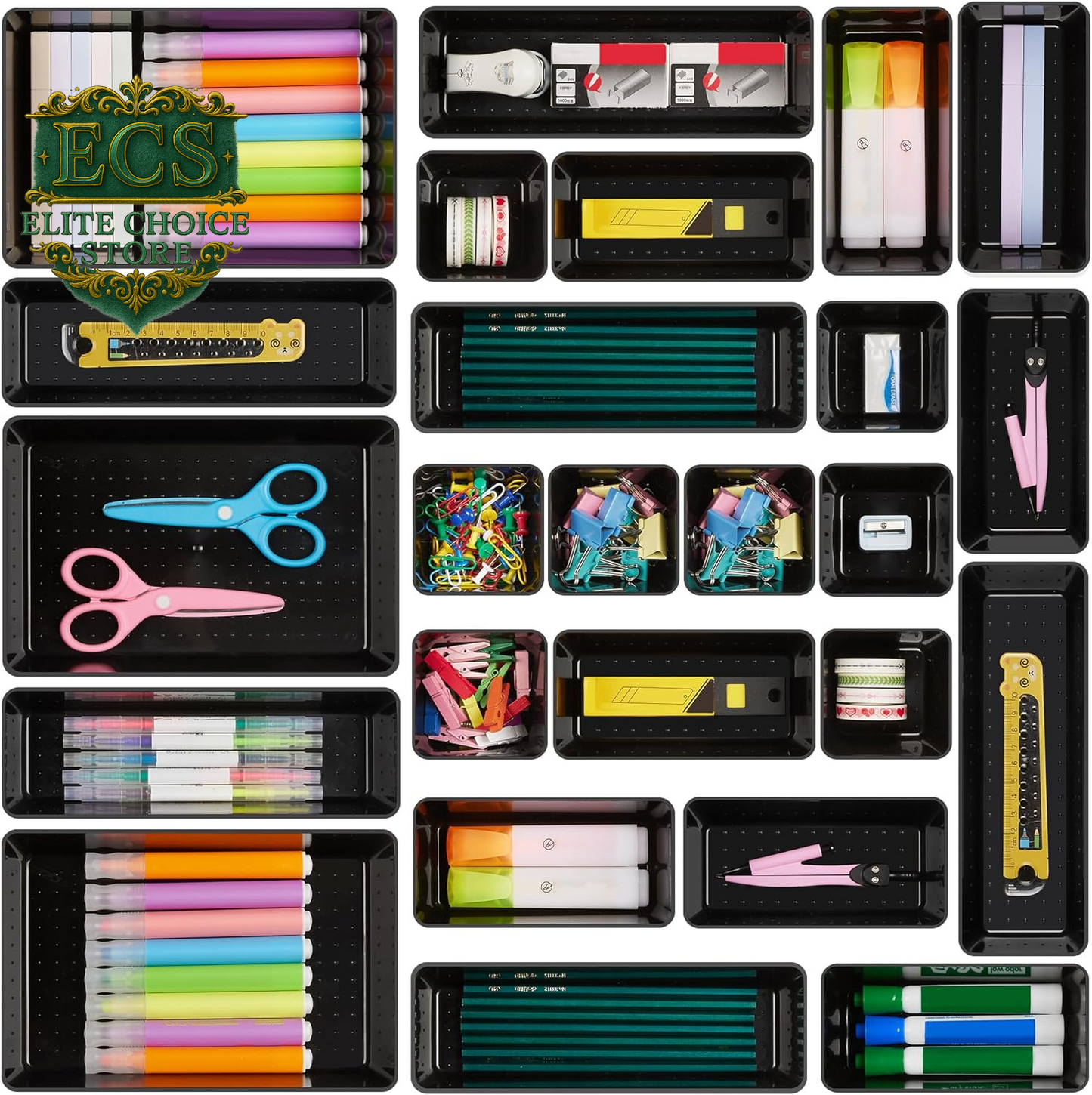 Vtopmart 25 PCS Clear Plastic Drawer Organizers Set, 4-Size Versatile Bathroom and Vanity Drawer Organizer Trays, Storage Bins for Makeup, Bedroom, Kitchen Gadgets Utensils and Office