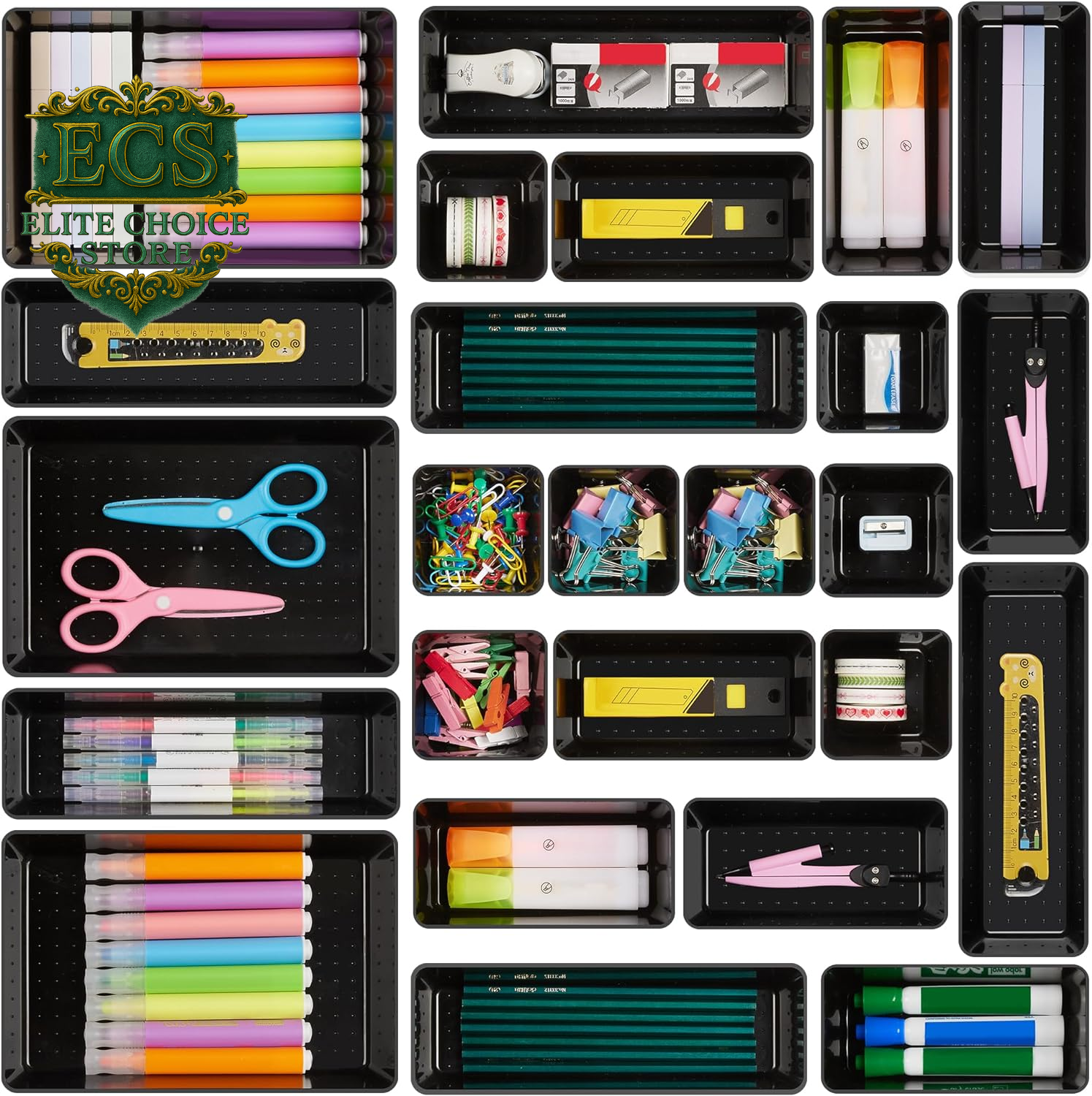 Vtopmart 25 PCS Clear Plastic Drawer Organizers Set, 4-Size Versatile Bathroom and Vanity Drawer Organizer Trays, Storage Bins for Makeup, Bedroom, Kitchen Gadgets Utensils and Office