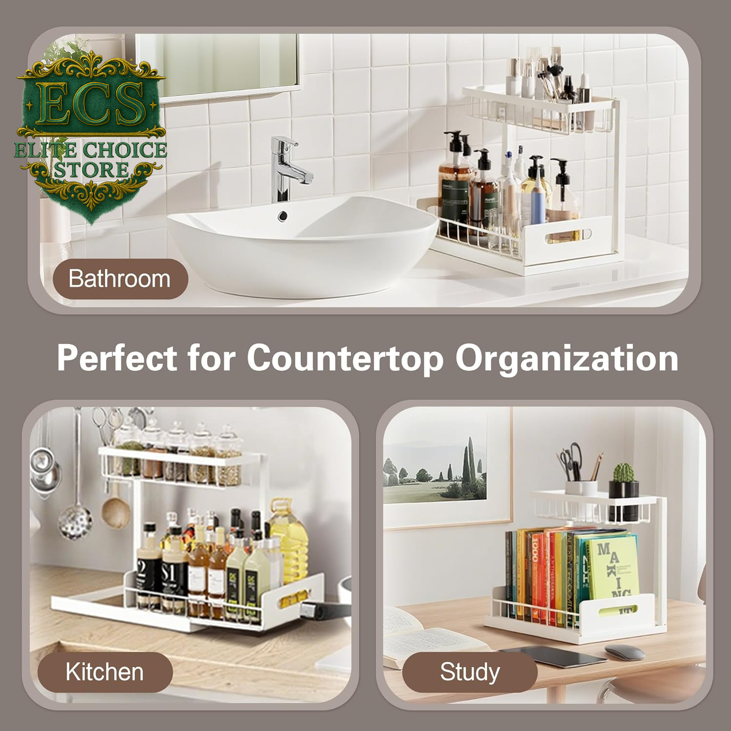 VUSIGN 2 Tier under Sink Organizer and Storage, Slide Out Pull Out Cabinet Organizer Shelf, Storage for Kitchen Bathroom Laundry, 1Pack, White