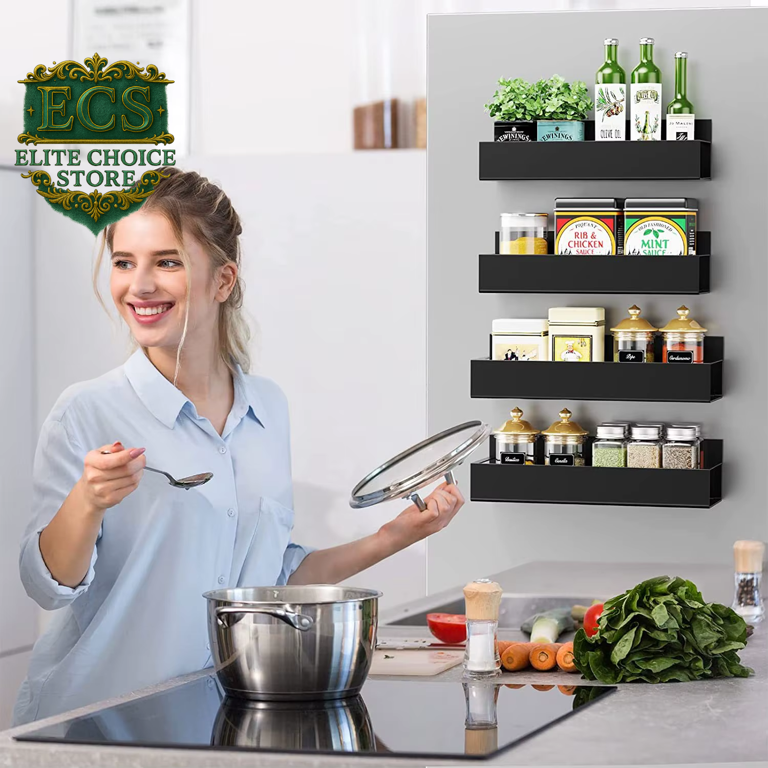 Magnetic Fridge Shelf Spice Storage Rack Black Iron Space Saving for Cabinet on the Side of Refrigerator Kitchen Organizer Shelf