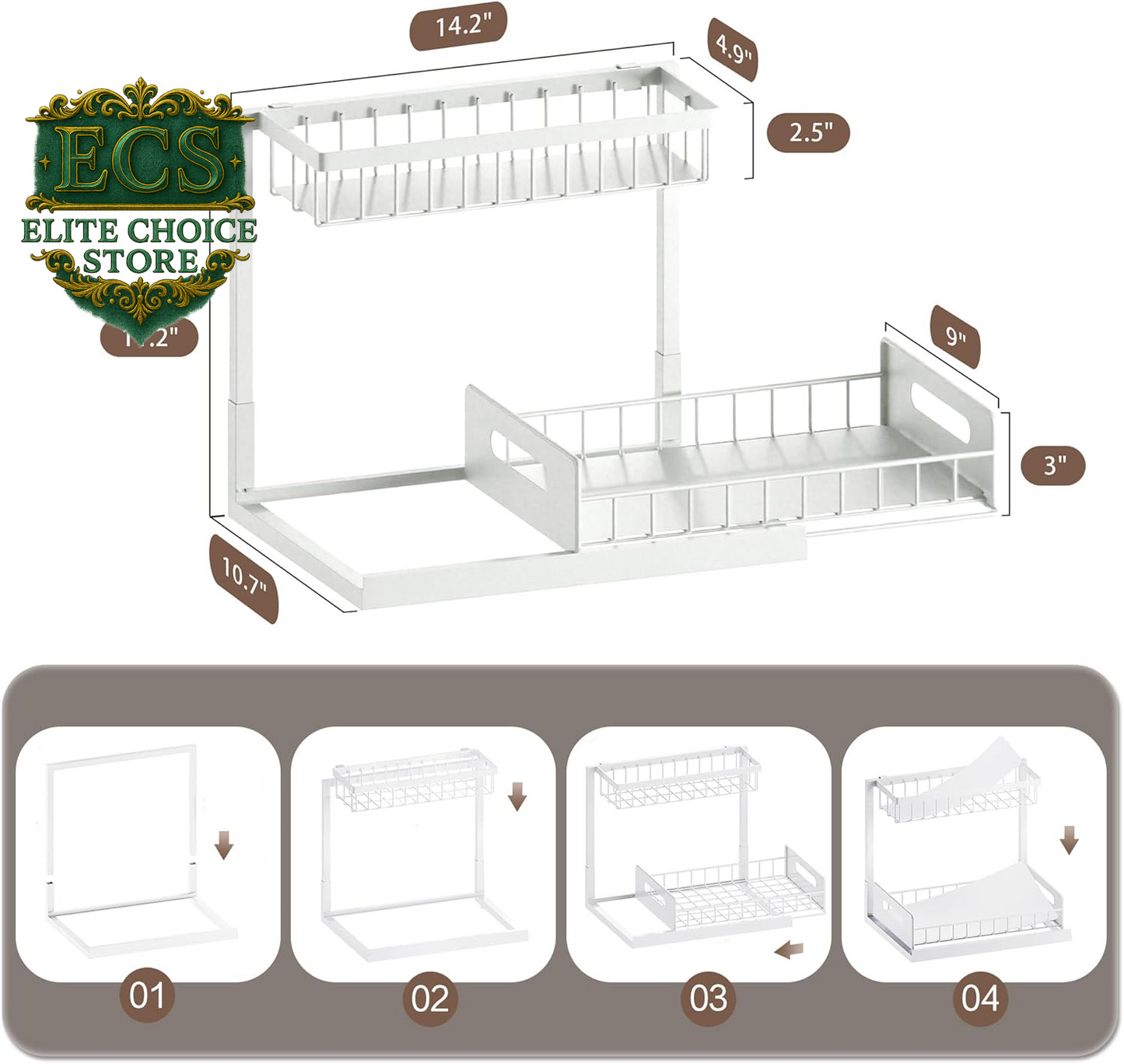 VUSIGN 2 Tier under Sink Organizer and Storage, Slide Out Pull Out Cabinet Organizer Shelf, Storage for Kitchen Bathroom Laundry, 1Pack, White