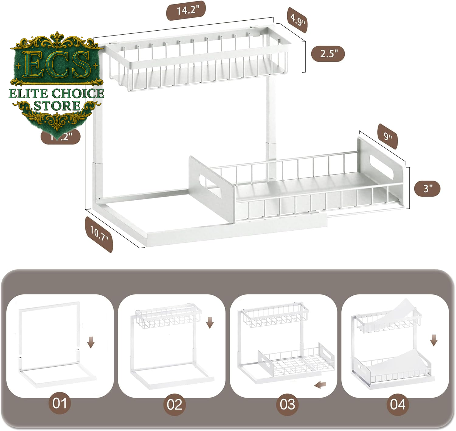 VUSIGN 2 Tier under Sink Organizer and Storage, Slide Out Pull Out Cabinet Organizer Shelf, Storage for Kitchen Bathroom Laundry, 1Pack, White