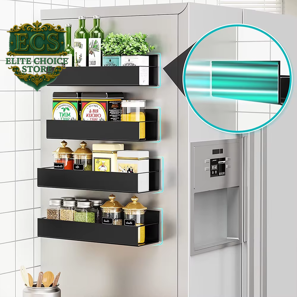 Magnetic Fridge Shelf Spice Storage Rack Black Iron Space Saving for Cabinet on the Side of Refrigerator Kitchen Organizer Shelf