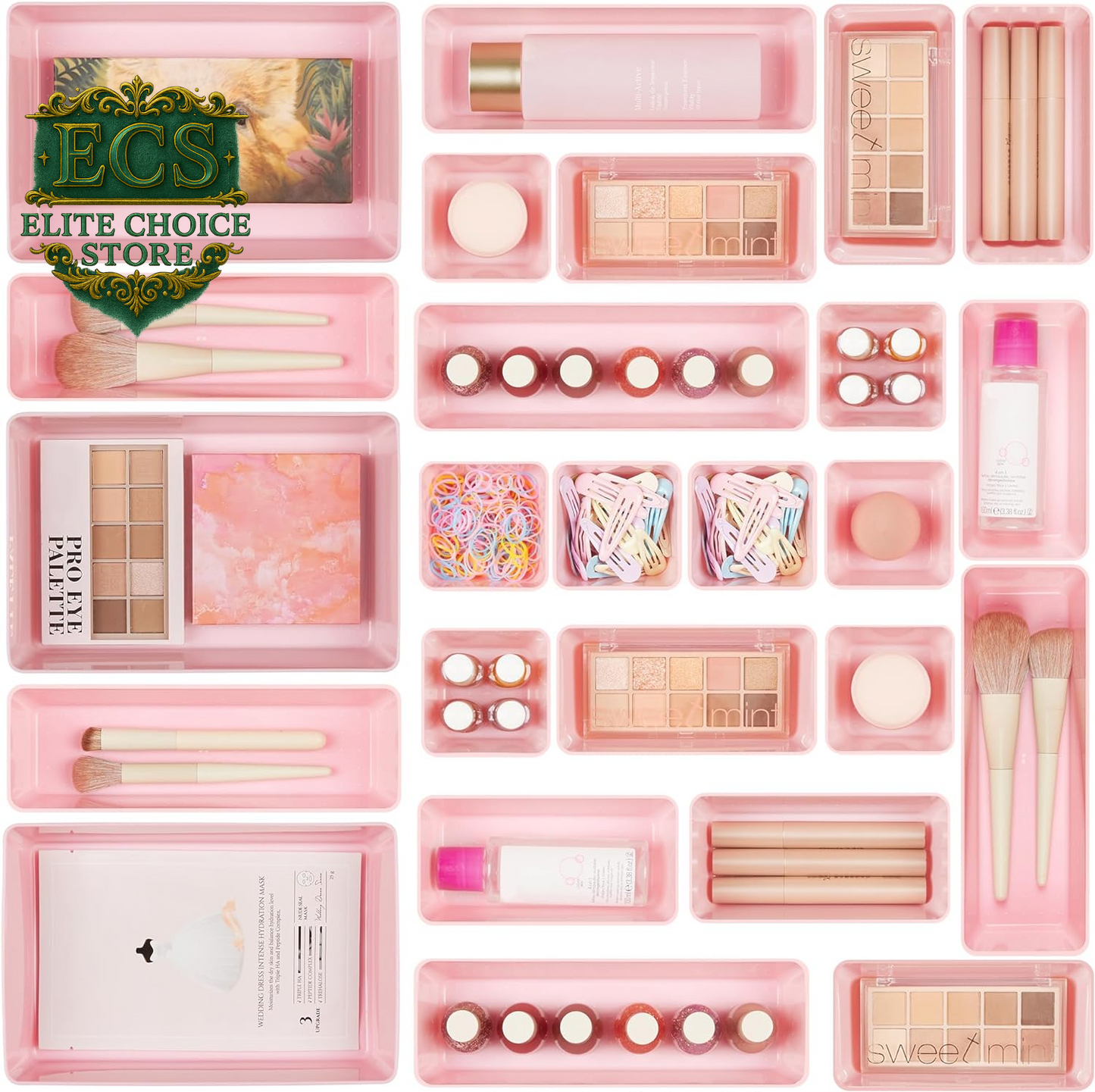 Vtopmart 25 PCS Clear Plastic Drawer Organizers Set, 4-Size Versatile Bathroom and Vanity Drawer Organizer Trays, Storage Bins for Makeup, Bedroom, Kitchen Gadgets Utensils and Office