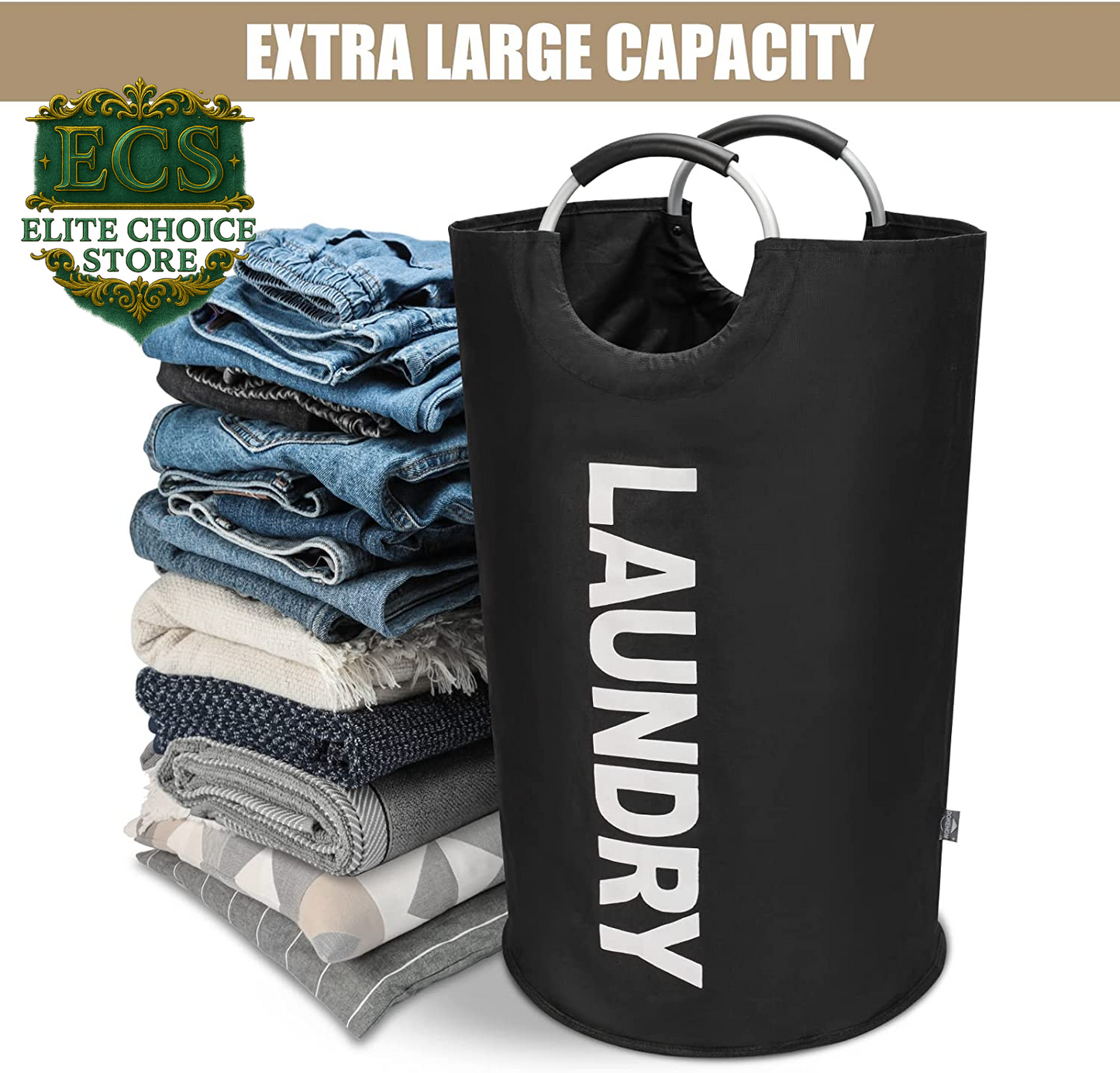 DOKEHOM 90L Large Laundry Basket, Collapsible Laundry Bag, Freestanding Tall Clothes Hamper, Foldable Washing Bin (Black)