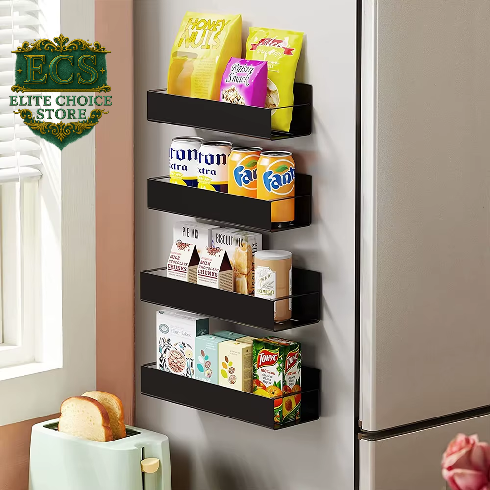 Magnetic Fridge Shelf Spice Storage Rack Black Iron Space Saving for Cabinet on the Side of Refrigerator Kitchen Organizer Shelf