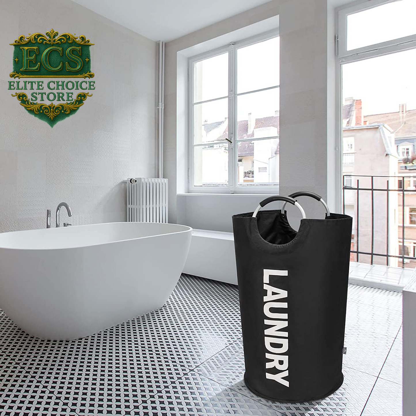 DOKEHOM 90L Large Laundry Basket, Collapsible Laundry Bag, Freestanding Tall Clothes Hamper, Foldable Washing Bin (Black)