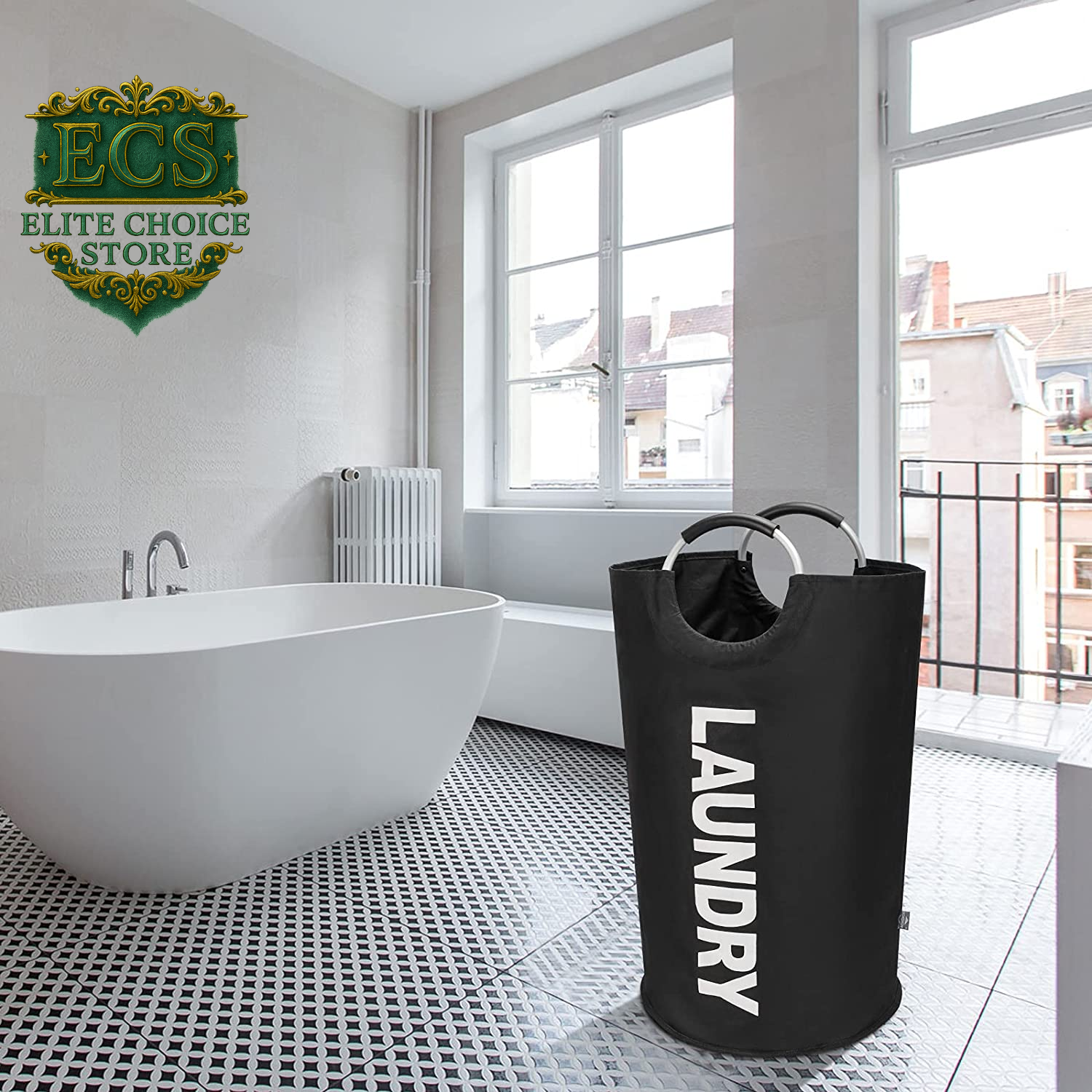 DOKEHOM 90L Large Laundry Basket, Collapsible Laundry Bag, Freestanding Tall Clothes Hamper, Foldable Washing Bin (Black)