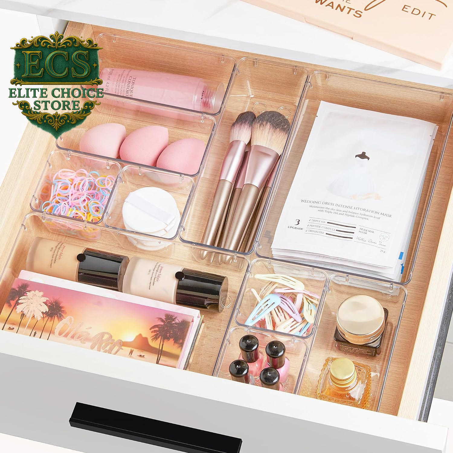 Vtopmart 25 PCS Clear Plastic Drawer Organizers Set, 4-Size Versatile Bathroom and Vanity Drawer Organizer Trays, Storage Bins for Makeup, Bedroom, Kitchen Gadgets Utensils and Office