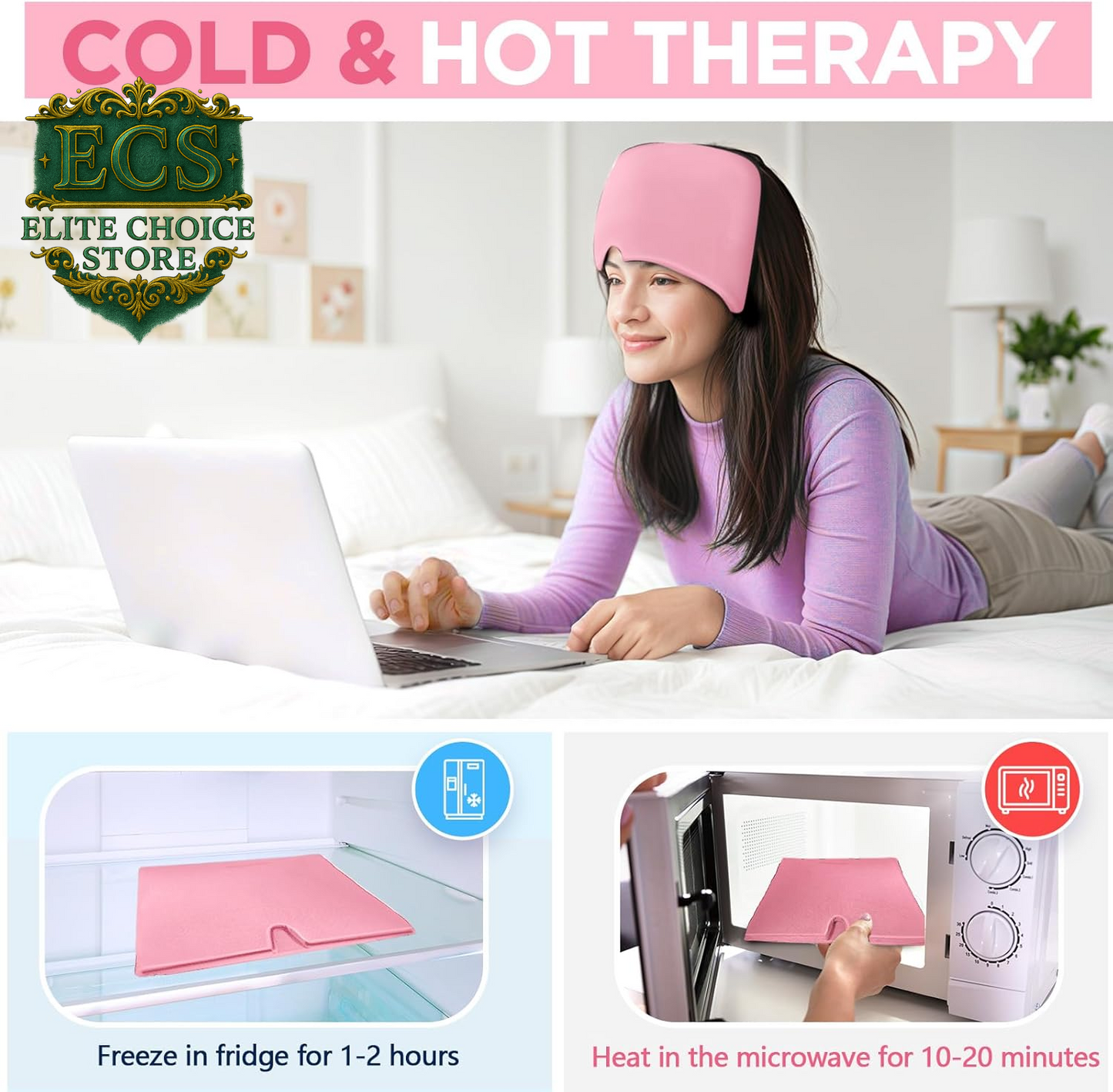 Migraine Relief Cap, Headache Relief Hat for Migraine Cap, Hot and Cold Therapy, Headache Eyes Mask for Stress Relief, Ice Pack Head Wrap for Sinus, Puffy Eyes, Tension, Pink