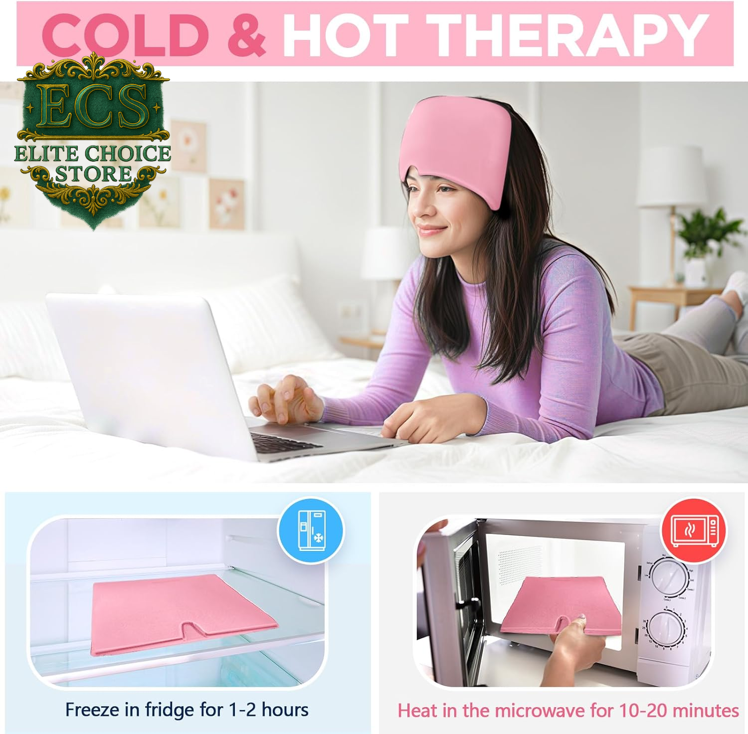 Migraine Relief Cap, Headache Relief Hat for Migraine Cap, Hot and Cold Therapy, Headache Eyes Mask for Stress Relief, Ice Pack Head Wrap for Sinus, Puffy Eyes, Tension, Pink