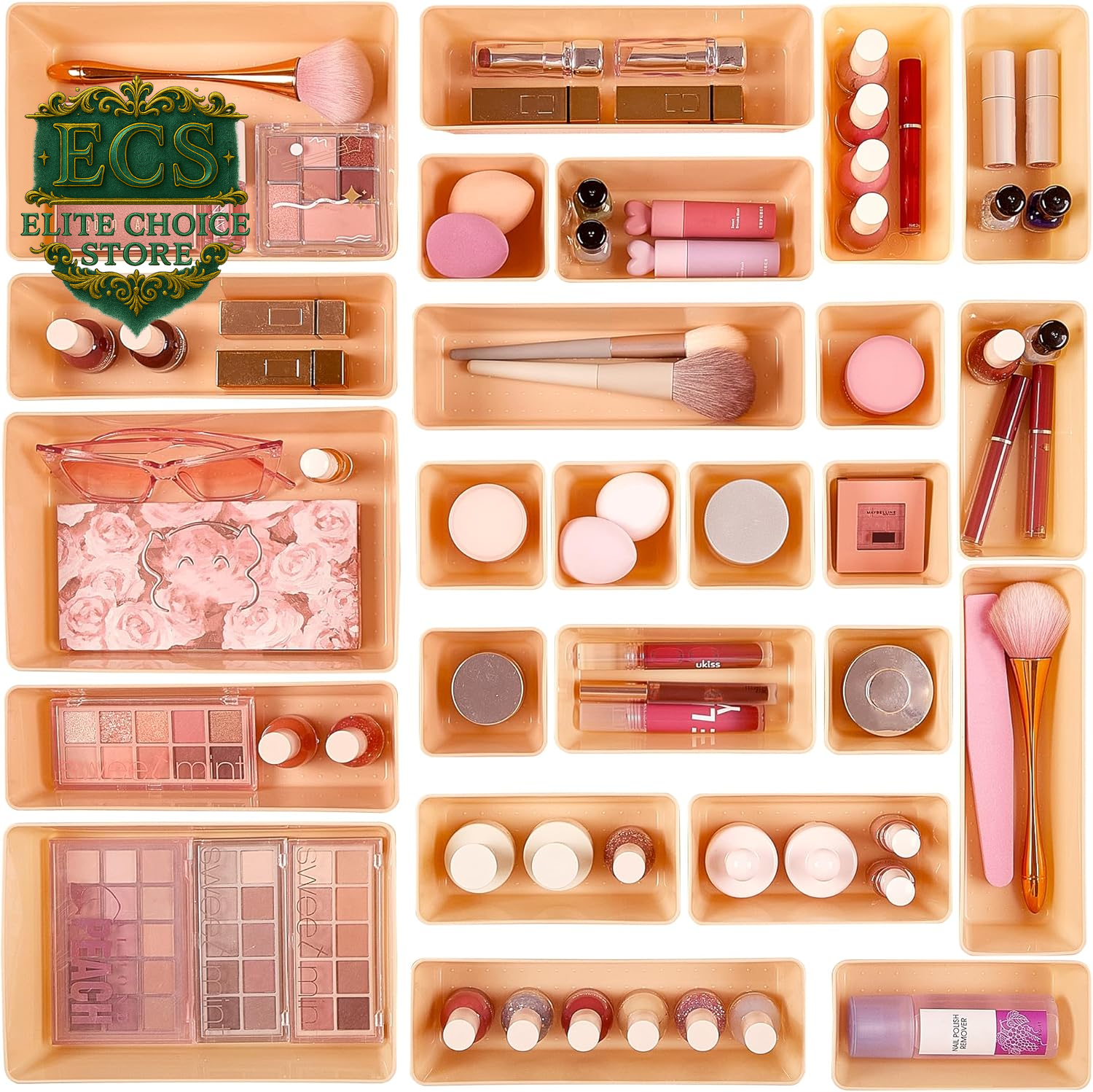 Vtopmart 25 PCS Clear Plastic Drawer Organizers Set, 4-Size Versatile Bathroom and Vanity Drawer Organizer Trays, Storage Bins for Makeup, Bedroom, Kitchen Gadgets Utensils and Office