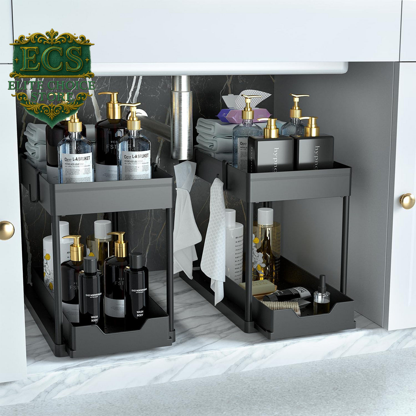 DEKAVA under Sink Storage 2 Pack, 2 Tier Sliding Organiser, Multi-Purpose Shelf Organiser, Pull Out Cabinet Basket Drawer (Black)