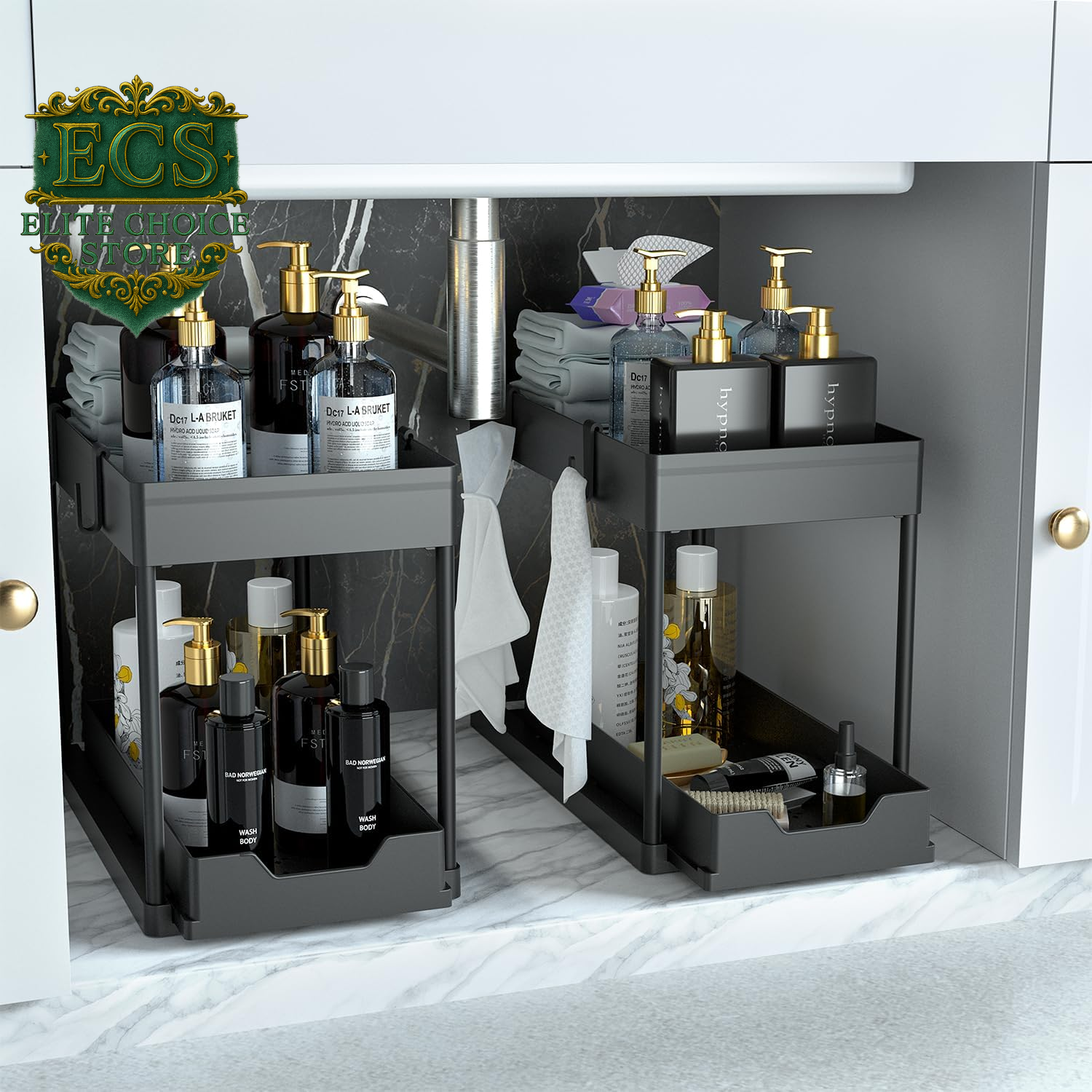 DEKAVA under Sink Storage 2 Pack, 2 Tier Sliding Organiser, Multi-Purpose Shelf Organiser, Pull Out Cabinet Basket Drawer (Black)