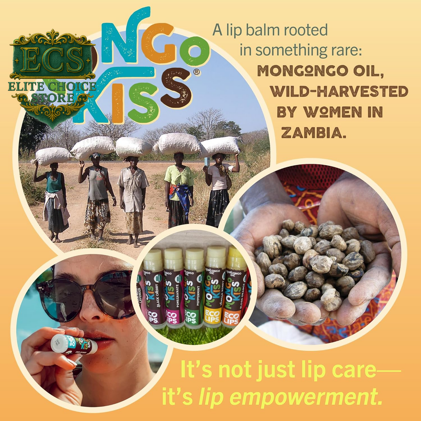 Eco Lips Mongo Kiss Organic Lip Balm 7 Pack - Blood Orange, Black Cherry, Pomegranate, Vanilla Honey, Peppermint, Strawberry Lavender, Yumberry | Mongongo Oil to Soothe & Moisturize Dry, Cracked Lips