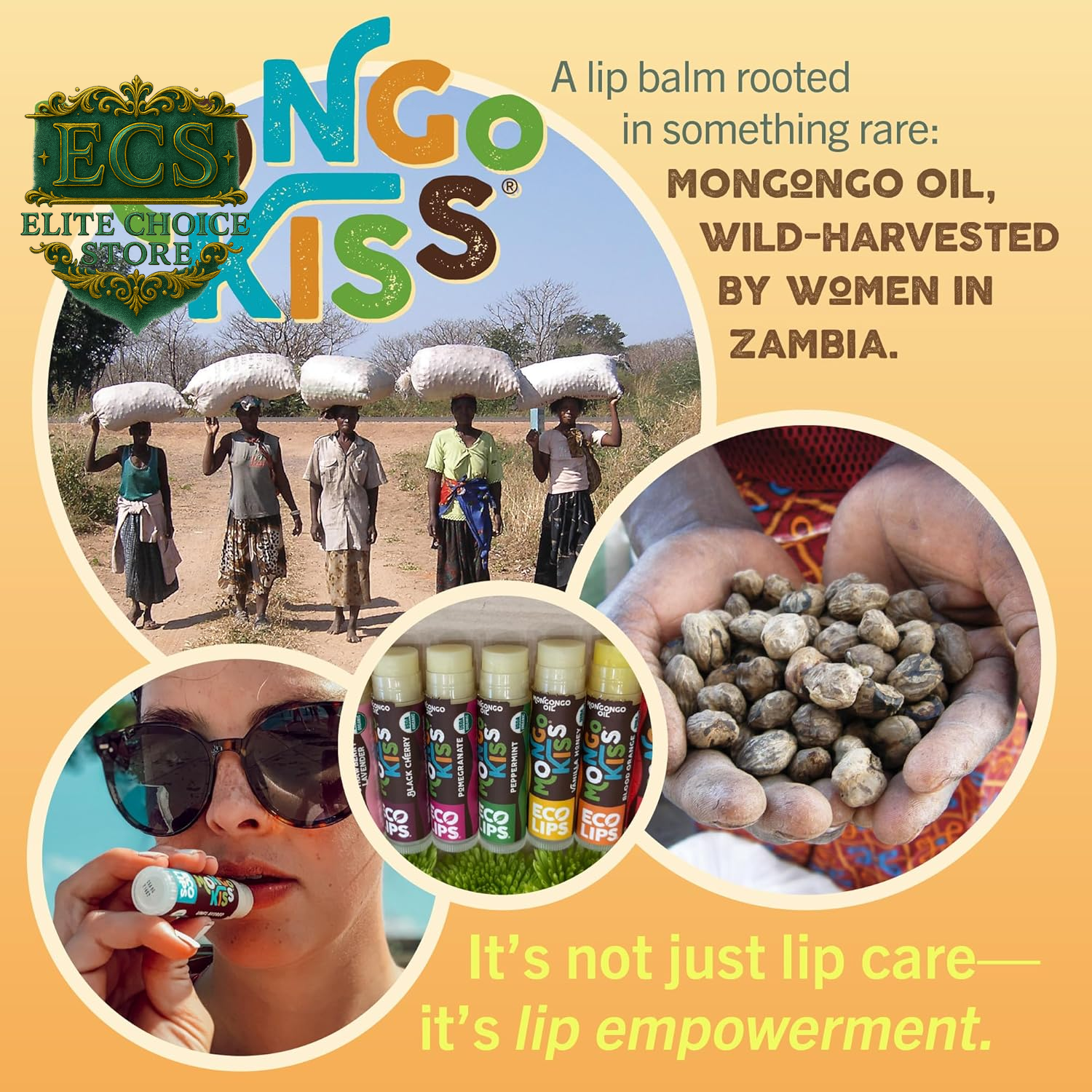 Eco Lips Mongo Kiss Organic Lip Balm 7 Pack - Blood Orange, Black Cherry, Pomegranate, Vanilla Honey, Peppermint, Strawberry Lavender, Yumberry | Mongongo Oil to Soothe & Moisturize Dry, Cracked Lips