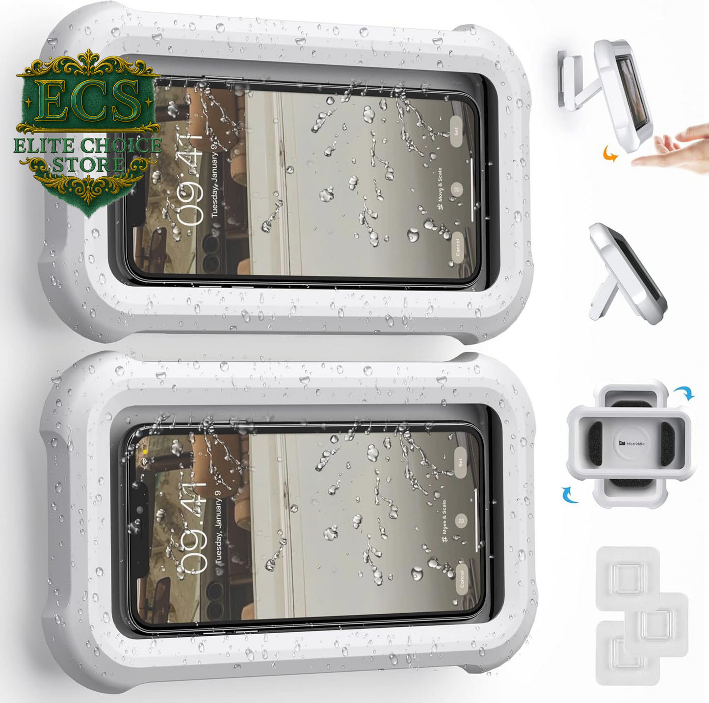 Waterproof Shower Phone Holder with 360° Rotation, Angle Adjustable, Wall Mounted Phone Holder for Bathroom Mirror Bathtub Kitchen, up to 6.8 Inch (Upgraded)