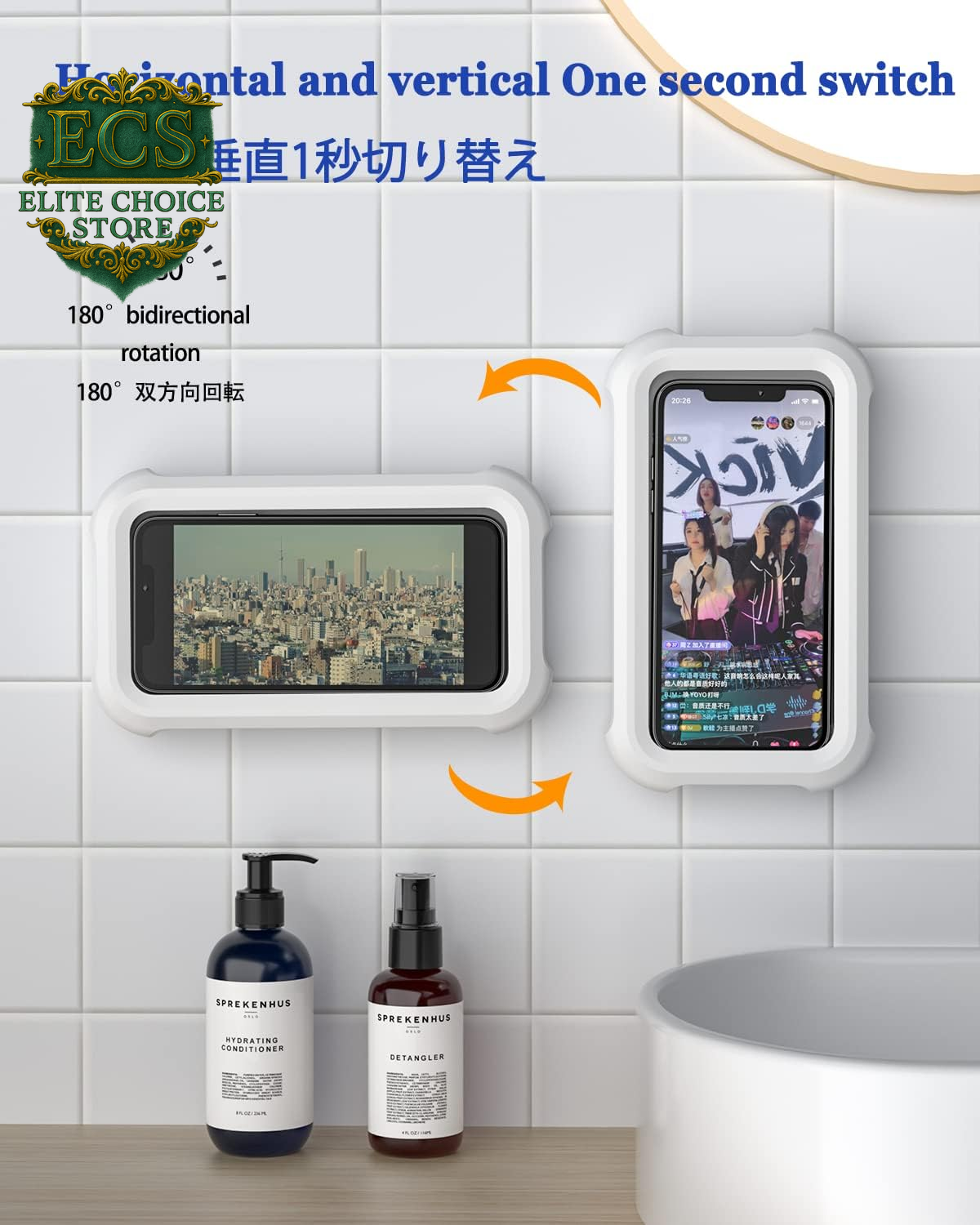 Waterproof Shower Phone Holder with 360° Rotation, Angle Adjustable, Wall Mounted Phone Holder for Bathroom Mirror Bathtub Kitchen, up to 6.8 Inch (Upgraded)