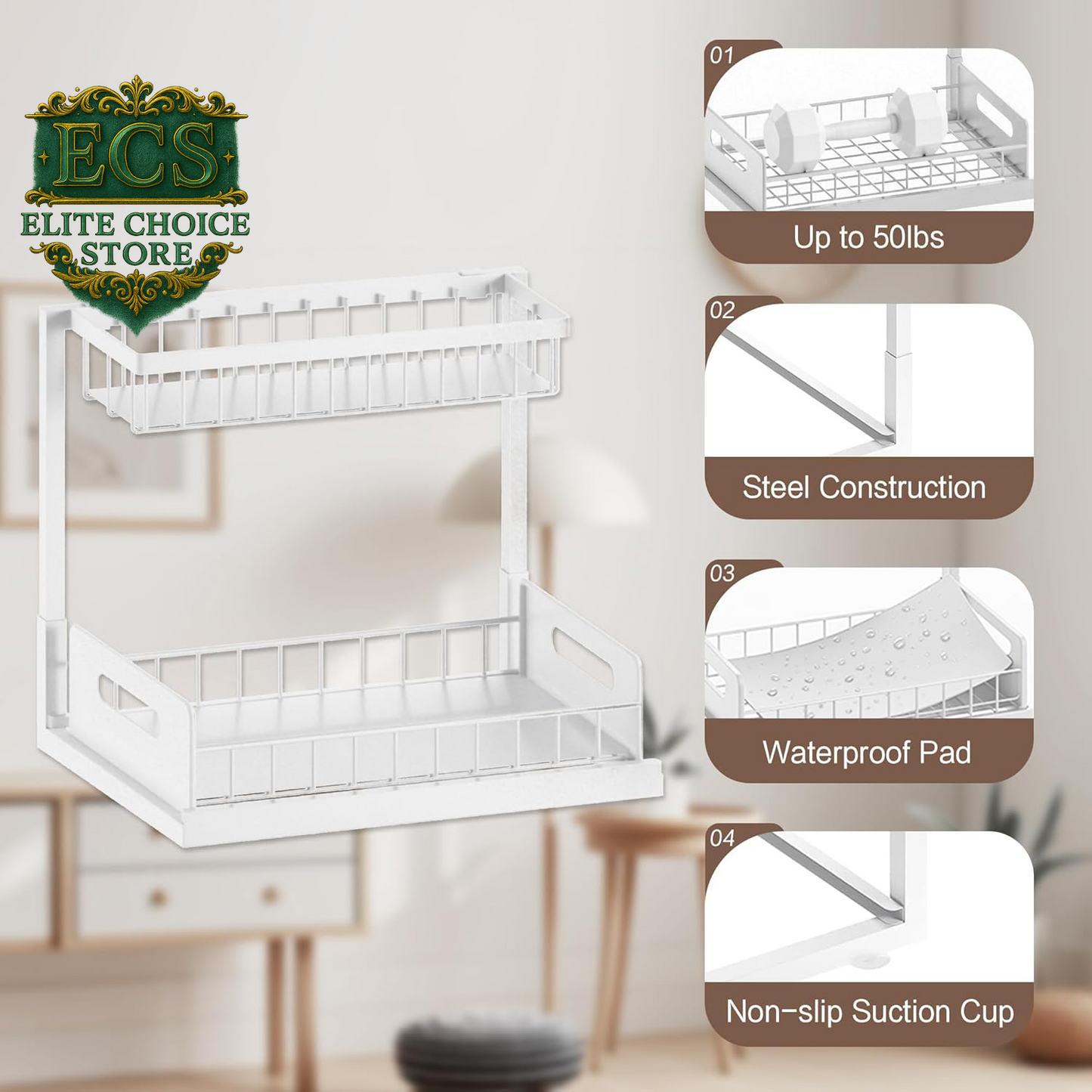 VUSIGN 2 Tier under Sink Organizer and Storage, Slide Out Pull Out Cabinet Organizer Shelf, Storage for Kitchen Bathroom Laundry, 1Pack, White