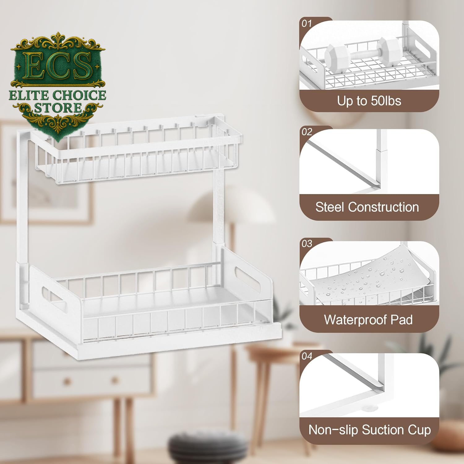 VUSIGN 2 Tier under Sink Organizer and Storage, Slide Out Pull Out Cabinet Organizer Shelf, Storage for Kitchen Bathroom Laundry, 1Pack, White