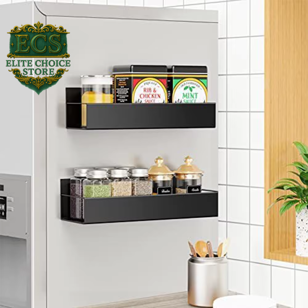 Magnetic Fridge Shelf Spice Storage Rack Black Iron Space Saving for Cabinet on the Side of Refrigerator Kitchen Organizer Shelf