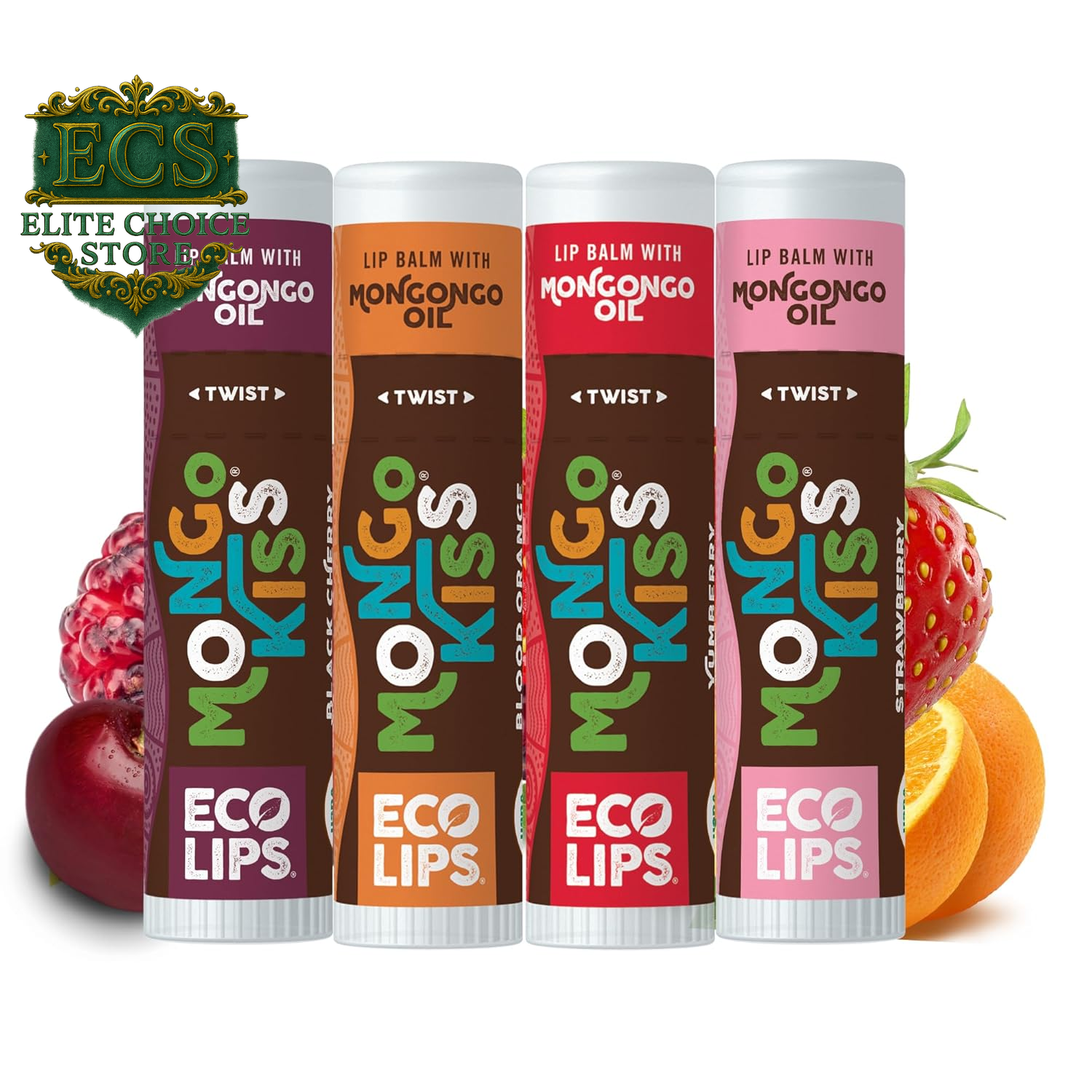 Eco Lips Mongo Kiss Organic Lip Balm 7 Pack - Blood Orange, Black Cherry, Pomegranate, Vanilla Honey, Peppermint, Strawberry Lavender, Yumberry | Mongongo Oil to Soothe & Moisturize Dry, Cracked Lips