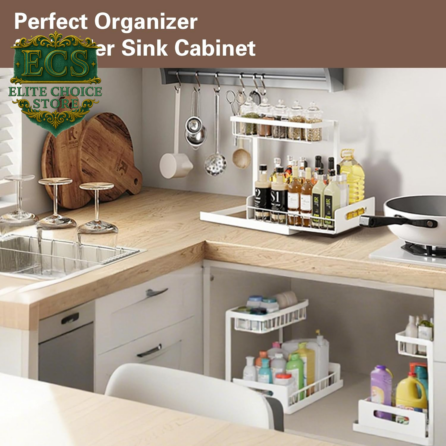 VUSIGN 2 Tier under Sink Organizer and Storage, Slide Out Pull Out Cabinet Organizer Shelf, Storage for Kitchen Bathroom Laundry, 1Pack, White