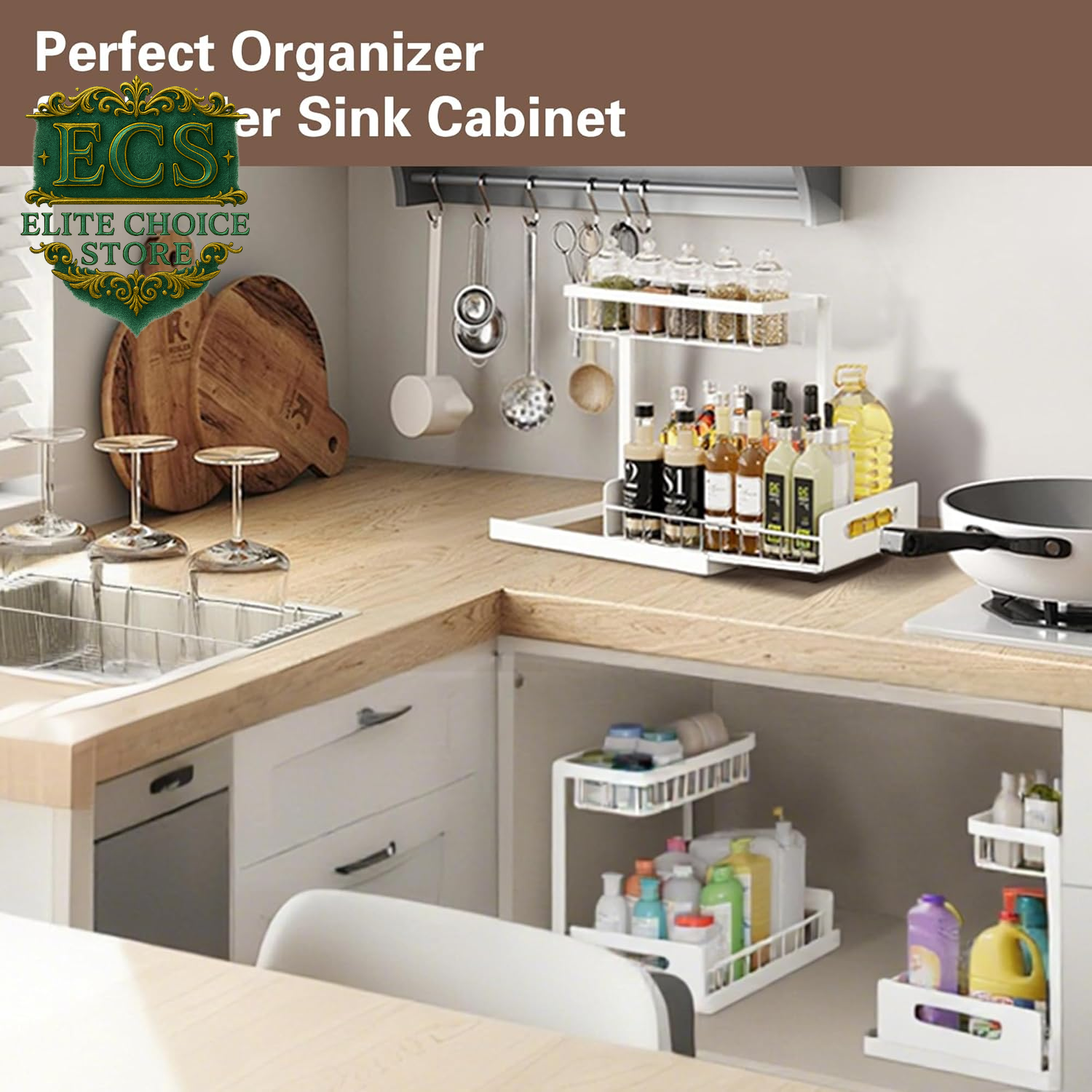 VUSIGN 2 Tier under Sink Organizer and Storage, Slide Out Pull Out Cabinet Organizer Shelf, Storage for Kitchen Bathroom Laundry, 1Pack, White