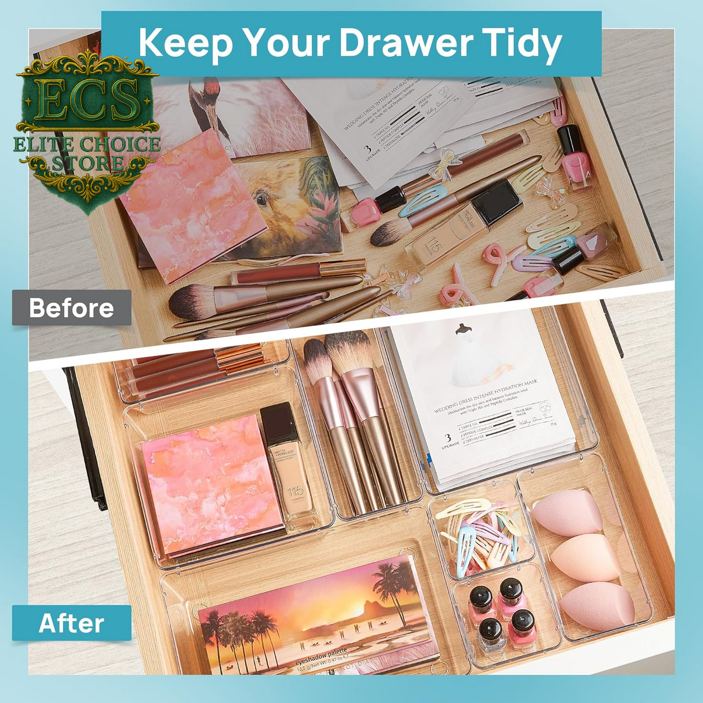 Vtopmart 25 PCS Clear Plastic Drawer Organizers Set, 4-Size Versatile Bathroom and Vanity Drawer Organizer Trays, Storage Bins for Makeup, Bedroom, Kitchen Gadgets Utensils and Office