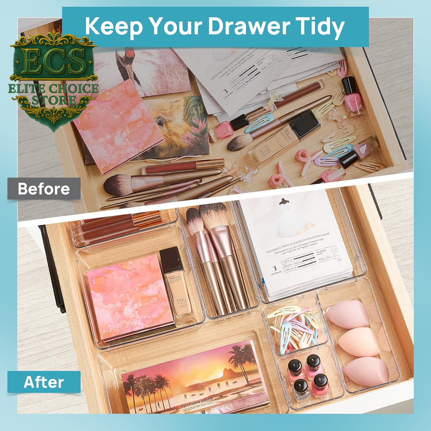 Vtopmart 25 PCS Clear Plastic Drawer Organizers Set, 4-Size Versatile Bathroom and Vanity Drawer Organizer Trays, Storage Bins for Makeup, Bedroom, Kitchen Gadgets Utensils and Office