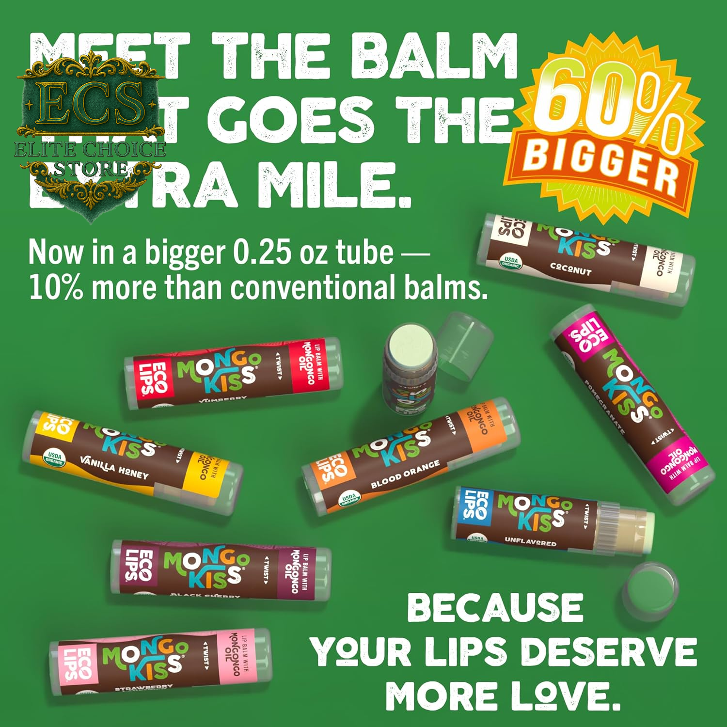 Eco Lips Mongo Kiss Organic Lip Balm 7 Pack - Blood Orange, Black Cherry, Pomegranate, Vanilla Honey, Peppermint, Strawberry Lavender, Yumberry | Mongongo Oil to Soothe & Moisturize Dry, Cracked Lips