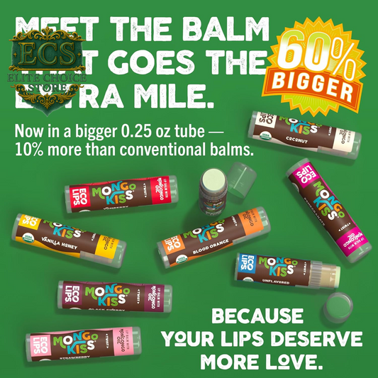 Eco Lips Mongo Kiss Organic Lip Balm 7 Pack - Blood Orange, Black Cherry, Pomegranate, Vanilla Honey, Peppermint, Strawberry Lavender, Yumberry | Mongongo Oil to Soothe & Moisturize Dry, Cracked Lips