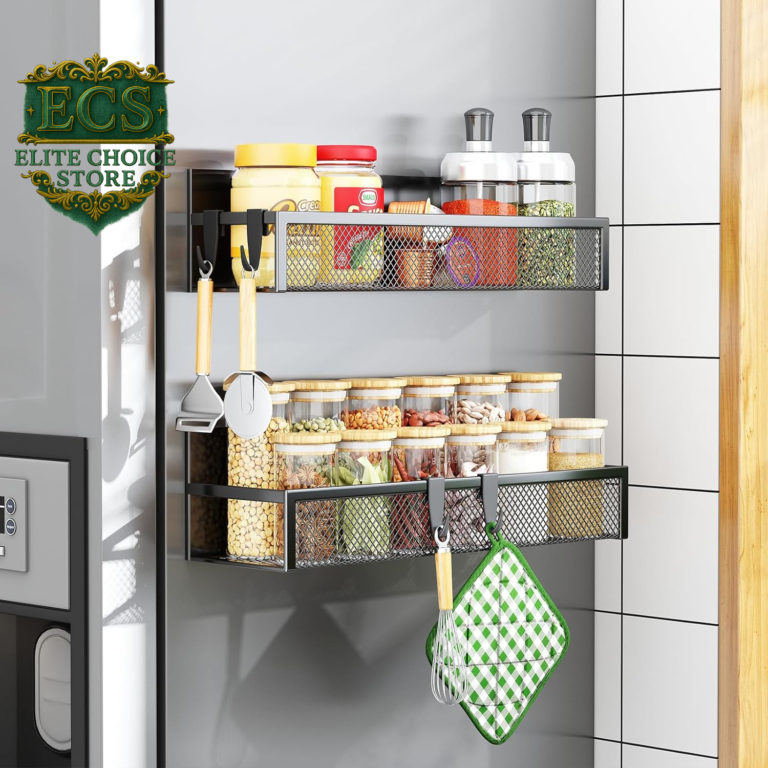 Transform your kitchen with the Aufworld Magnetic Spice Rack! 🧂✨ This 2-pack fridge organizer features moveable hooks for ultimate storage solutions. Say goodbye to clutter and hello to style! #KitchenOrganization #MagneticShelf